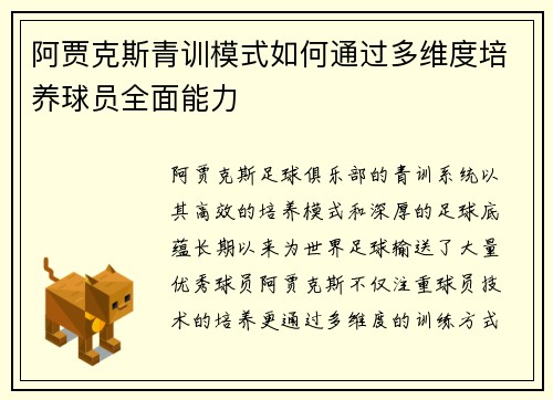 阿贾克斯青训模式如何通过多维度培养球员全面能力