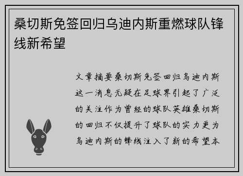 桑切斯免签回归乌迪内斯重燃球队锋线新希望 桑切斯免签回归乌迪内斯重燃球队锋线新希望