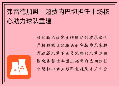 弗雷德加盟土超费内巴切担任中场核心助力球队重建 弗雷德加盟土超费内巴切担任中场核心助力球队重建